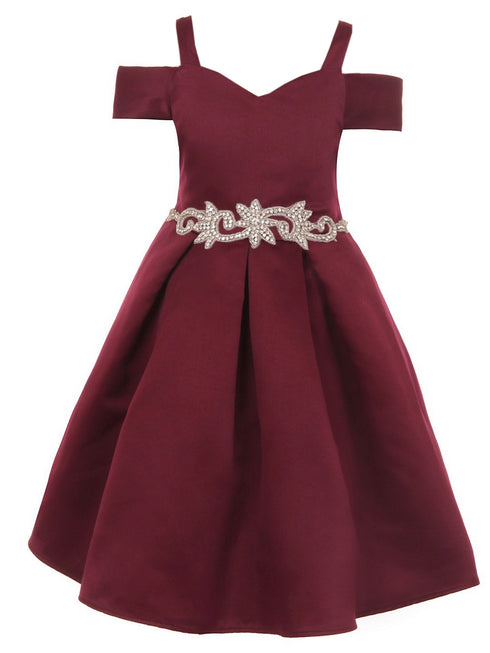 Satin Flower Girl Dress with Cold Shoulder and Pleated Skirt, Sizes 2-14 - SophiasStyle.com